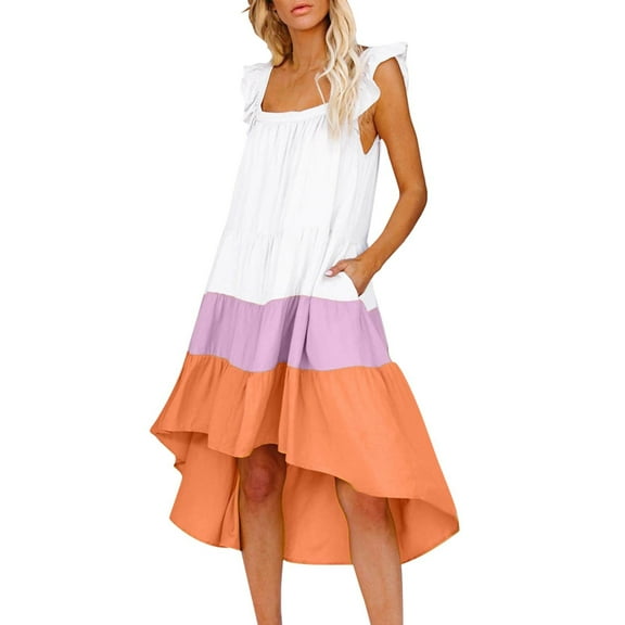 PuLe Summer DressDresses for Women Square Neck Tiered Color Block Ruched Tank Dresses High Low Hem Flowy Casual Sundresses