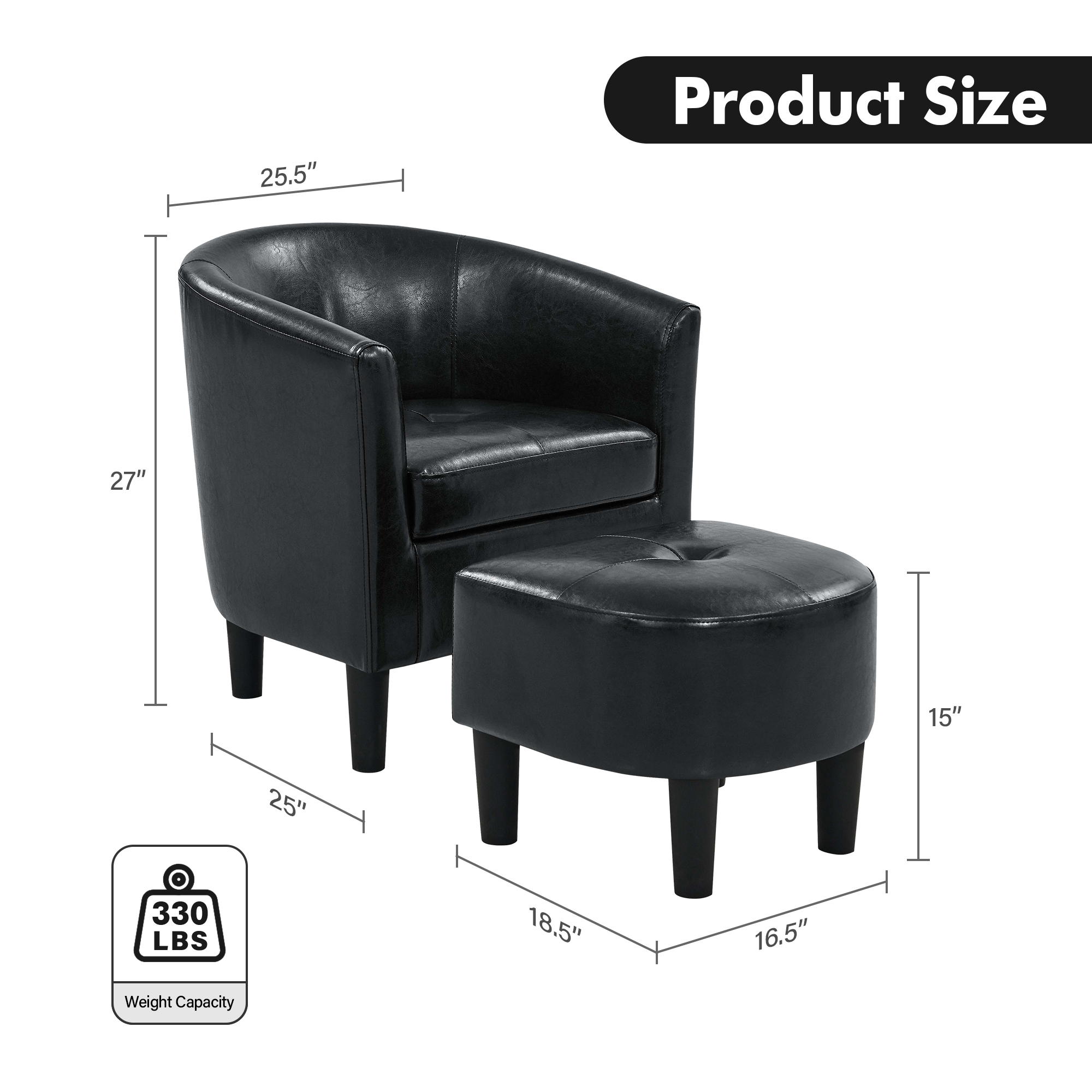 Aukfa Barrel Accent Chair with Ottoman & Arms, Modern PU Leather Upholstered Chair for Bedroom/Living Room,Black