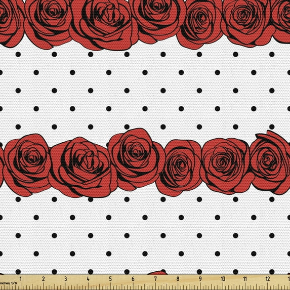 Vintage Sofa Upholstery Fabric by the Yard, Feminine Rose Bouquets Along Polka Dots Romantic Classic Feminine Design, Decorative Fabric for DIY and Home Accents, Black White and Red by Ambesonne