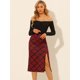 thumbnail image 4 of Falda Con Hendidura Elástica Tejida Con Espalda Elástica De Línea Recta Con Patrón A Cuadros Para Mujer rojo L, 4 of 6