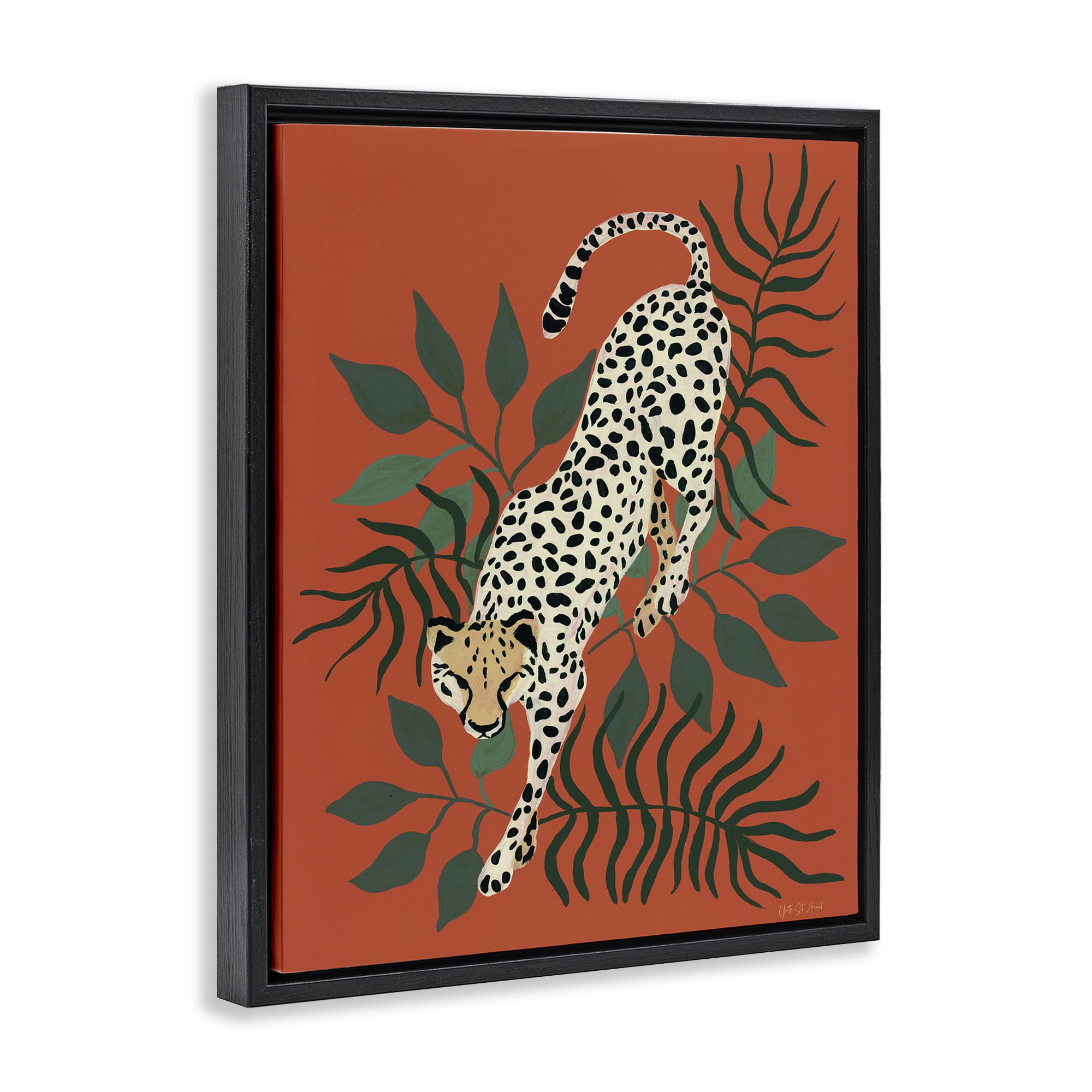 Stupell Industries Stepping Cheetah & Leaves Animals & Insects Painting Black Floater Framed Canvas Art Print Wall Art, 17 x 21