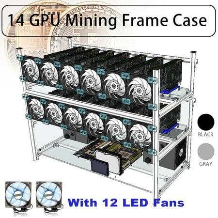 Air Mining Frame Rig Aluminum Case Up To 14 GPU Case for ETH Ethereum ZCash with 12pcs LED Fans Black/