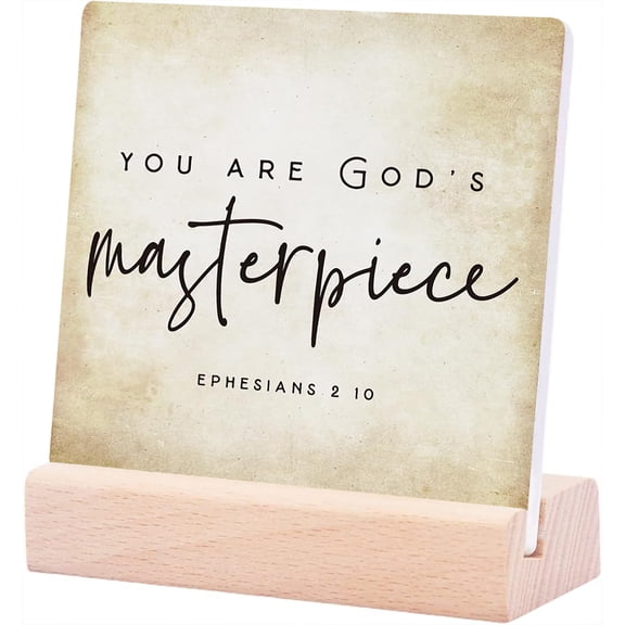 Ceramic Sign 4x4Inch Inspirational Bible Verse You Are God's Masterpiece Ephesians Rustic Ceramic Plaque With Wooden Stand For Home Office Kids Nursery Shelf Table Decoration Christian Gift
