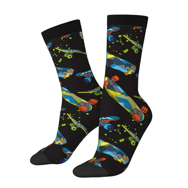Wukai Colorful Skateboard Print Contrast Color Mid-tube Socks, 3D Printing Design Adult Socks, High Elastic Breathable Sports Socks, Suitable for Daily,Unisex