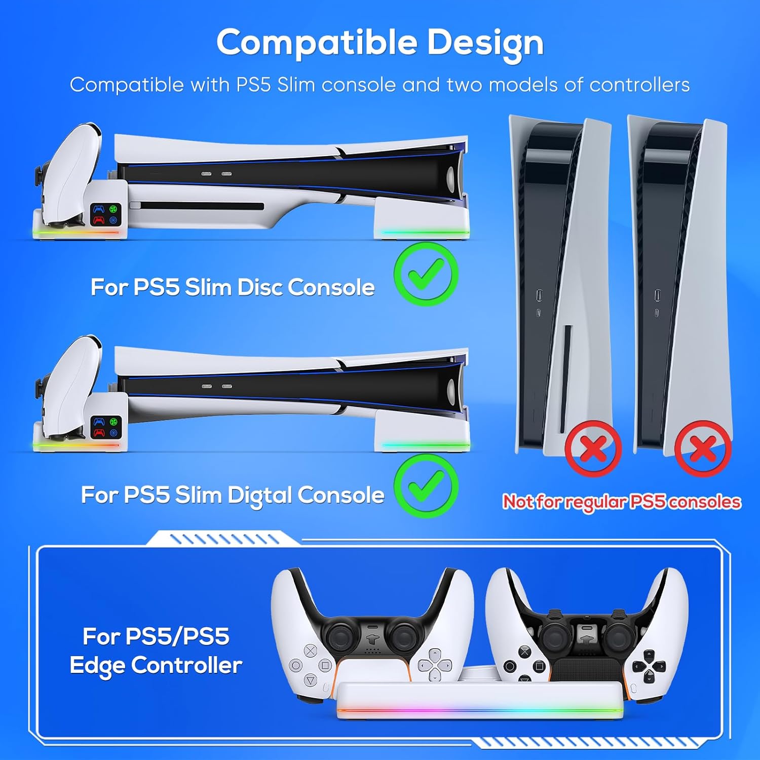RGB Horizontal Cooling Station Stand for PS5 Slim Console with 2 Controller Charger, Auto Silent Cooling Fan for Playstation 5 Slim Disc / Digital Edition with 14 Light Modes and Headset Holder