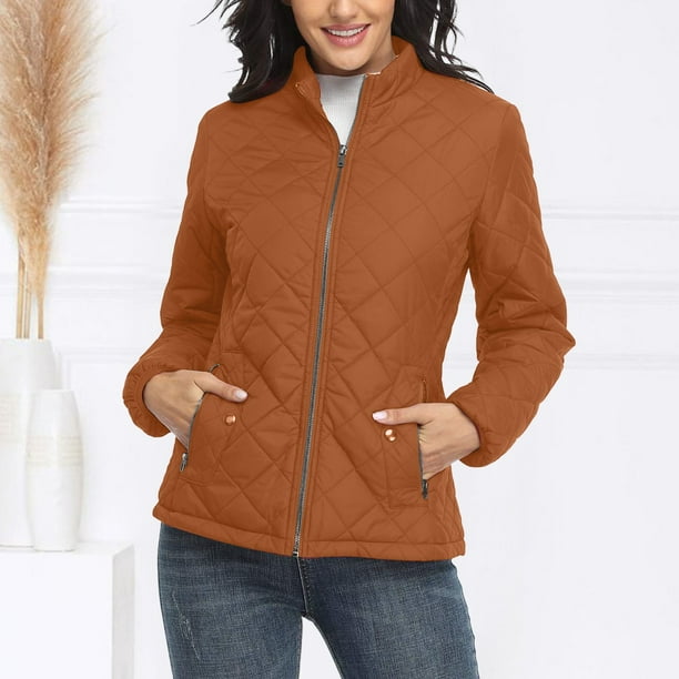 TOWED22 Womens Winter Quilted Jackets Cotton Coat New Long Sleeve Stand  Collar Quilted Casual Women's Warm Jacket (Orange, M)