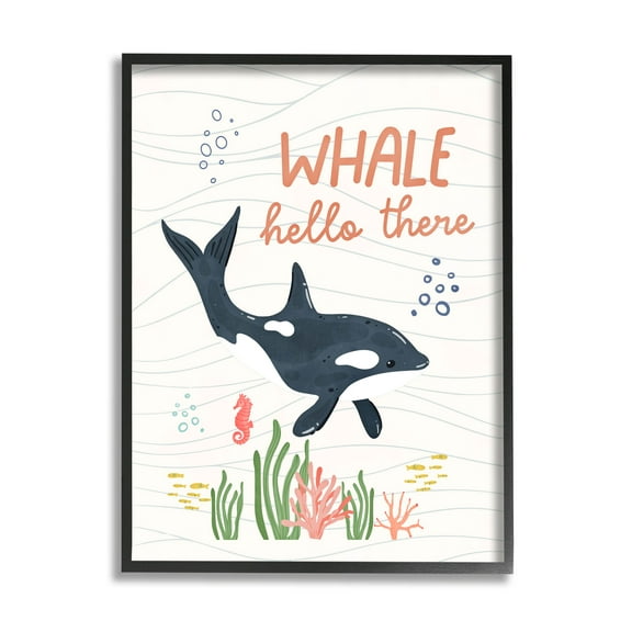 Stupell Industries Whale Hello There Orca Graphic Art Black Framed Art Print Wall Art, Design by Nina Blue