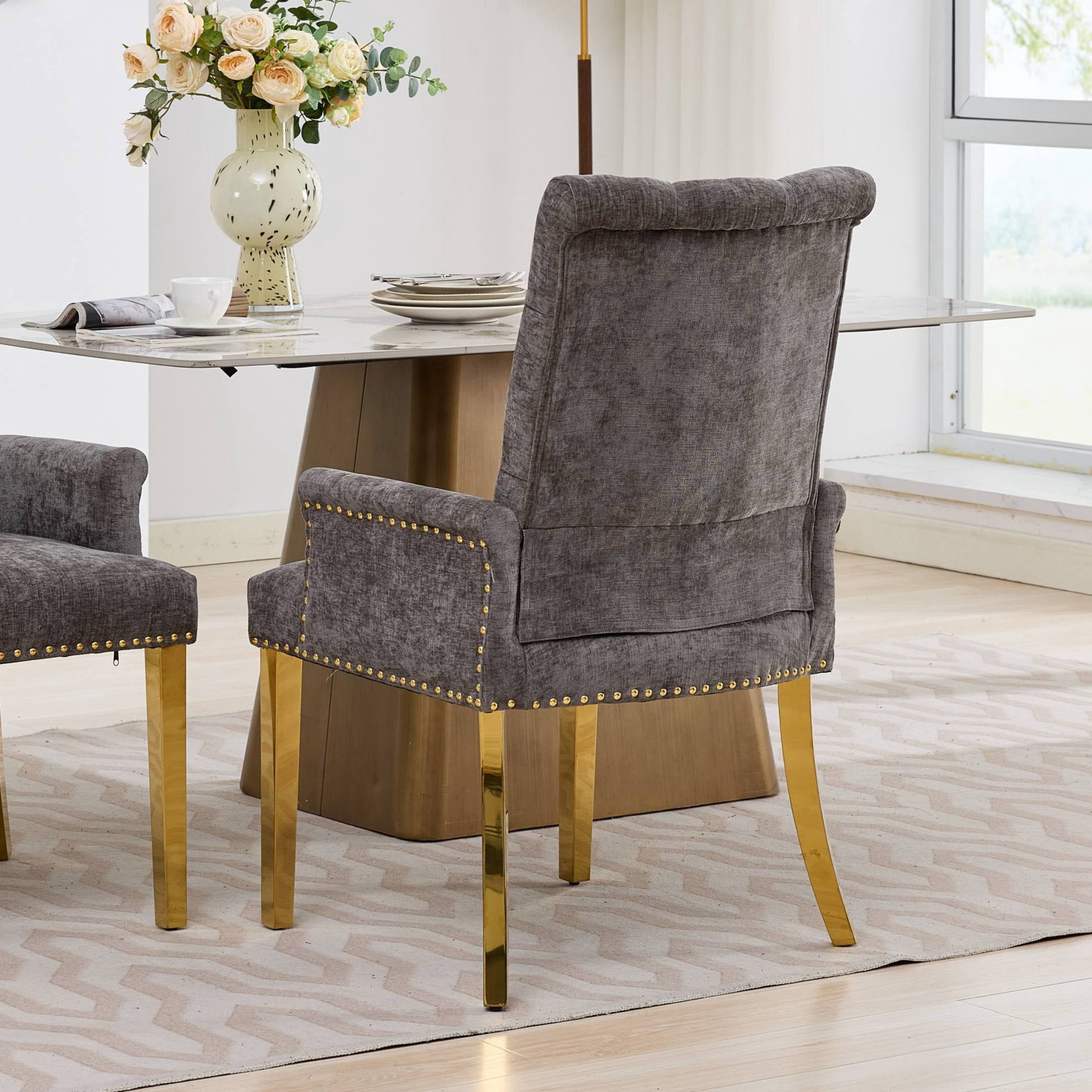 GDF Studio Upholstered Dining Chair with Button-Tufted Back, Nailhead Trim, Stainless Steel Legs, Gray