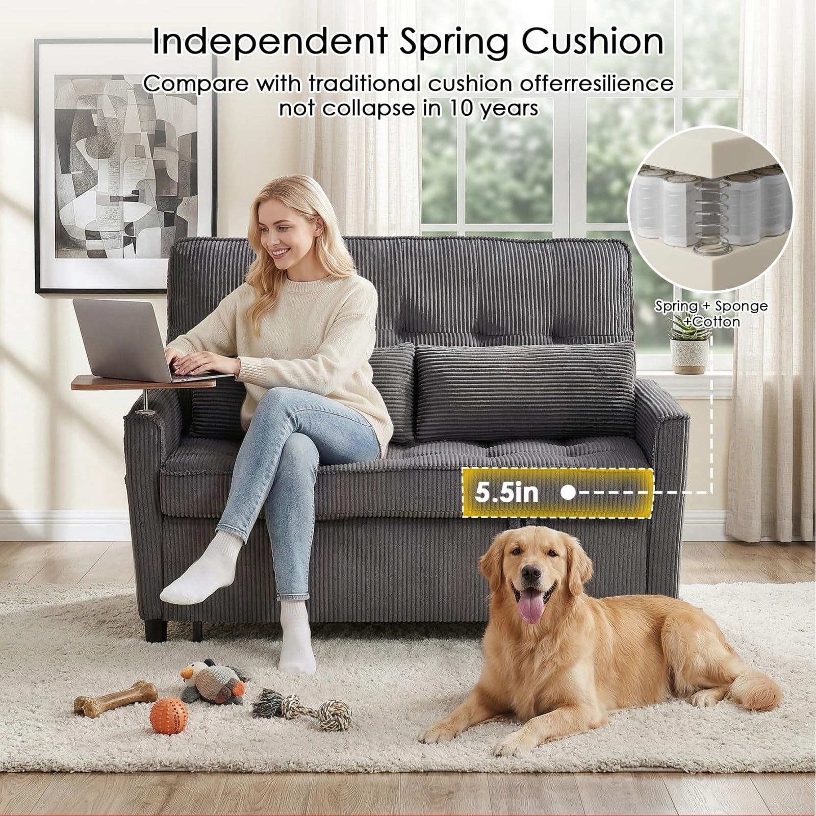 54" Sleeper Sofa Bed, Convertible Pull Out Couch Futon with Side Table, USB Charging Port, Corduroy Fabric, Adjustable Backrest Sofa Bed for Apartment Office, Dark Gray