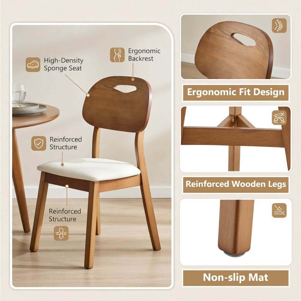 Hommoo 2-Pack Solid Wood Dining Chairs with PU Cushions, Ergonomic Hollow-Back Design for Dining Room, Home Office & Cafe, Beige & Walnut