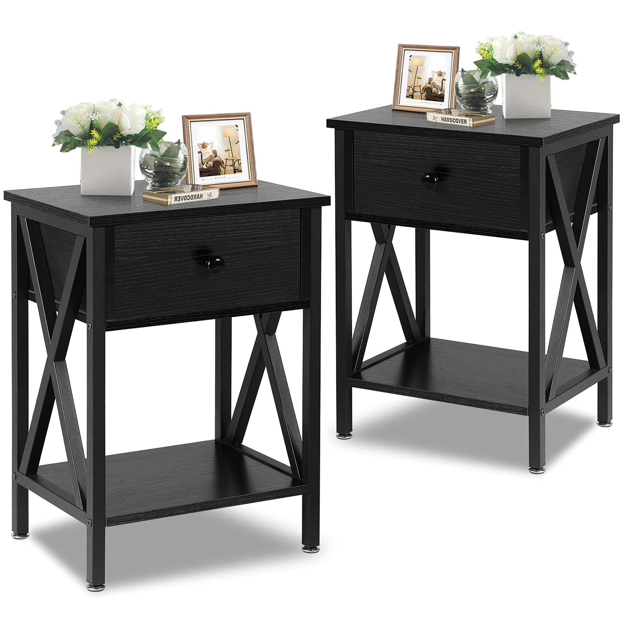 VECELO Nightstands Set of 2, Industrial End Table with 1-Drawer & Storage Shelf, Small Bedside Table Organizer for Small Space, Side Table for Bedroom Living Room, Black