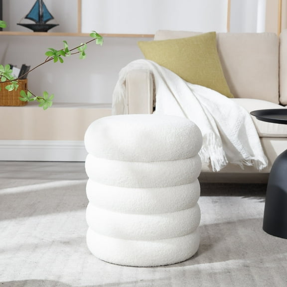 Guyou Round Storage Ottoman, Upholstered Sherpa Footstool, Small Boucle Vanity Stool, Round Side Coffee Table Padded Seat for Living Room Bedroom Aisle Bedside, White