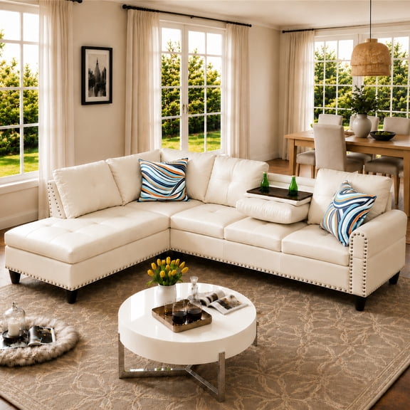 Aukfa 98" L Shaped Sectional Couch with Cup Holder Console, Tufted Back&Nailhead Trim, Oversized Left Chaise Leather Sofa for Living Room, White