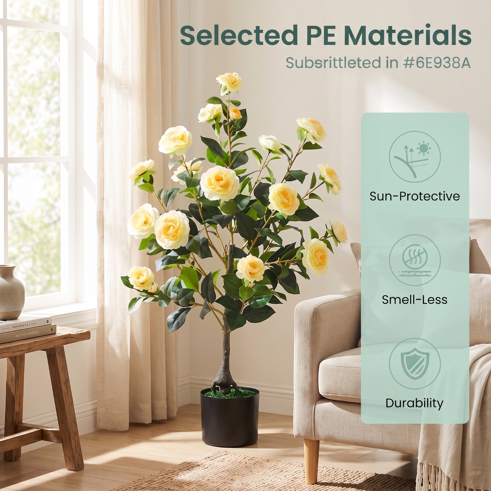 Vebreda Artificial Plant Decor, 2-Pack Artificial Camellia Tree Faux Flower Plant in Cement-Filled Pot, Lifelike & Elegant Design