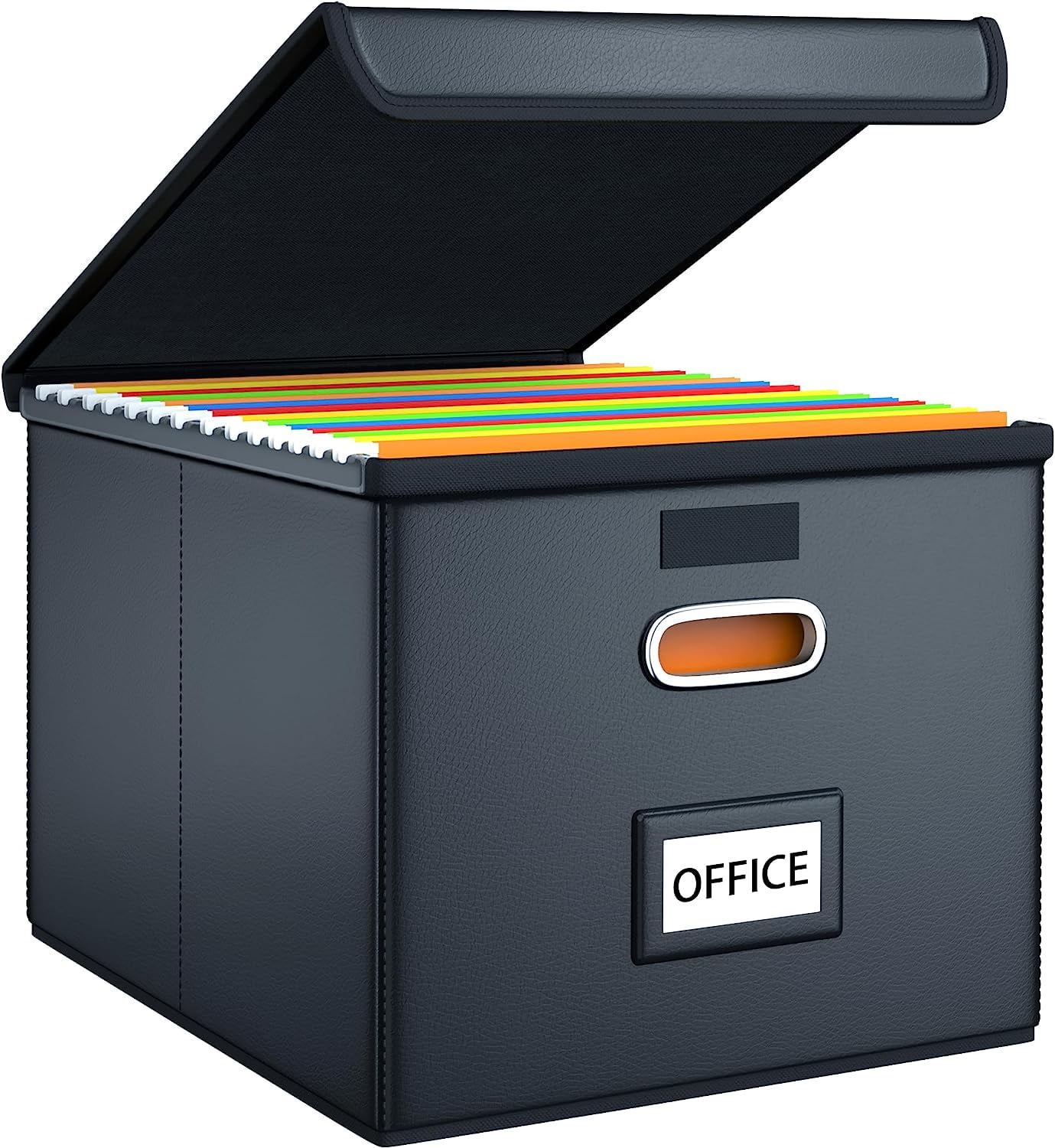 Upgraded File Organizer Box with Lid, Collapsible Faux Leather Hanging File Folder Box Organizer