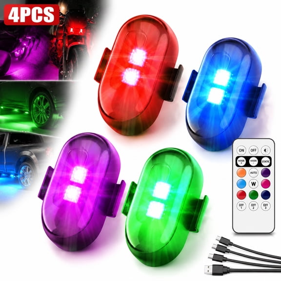 Upgrade LED Lights for Car-4PCS Interior Car Lights with Remote, USB-C 80 Hours 8 Colors IP65 Waterproof Rechargeable Underglow Wireless Strobe Lights for Trucks, eBike, Motorcycle