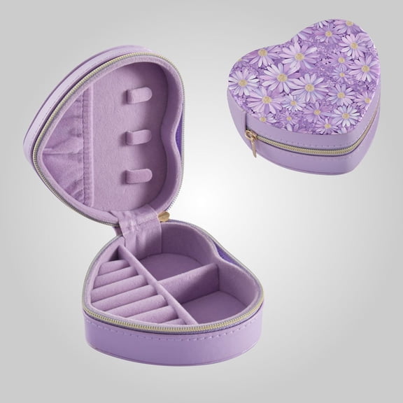 Purple Daisies PU Leather Heart-shaped Jewelry Box Jewel Cases with Zipper Storage Organizers Purple