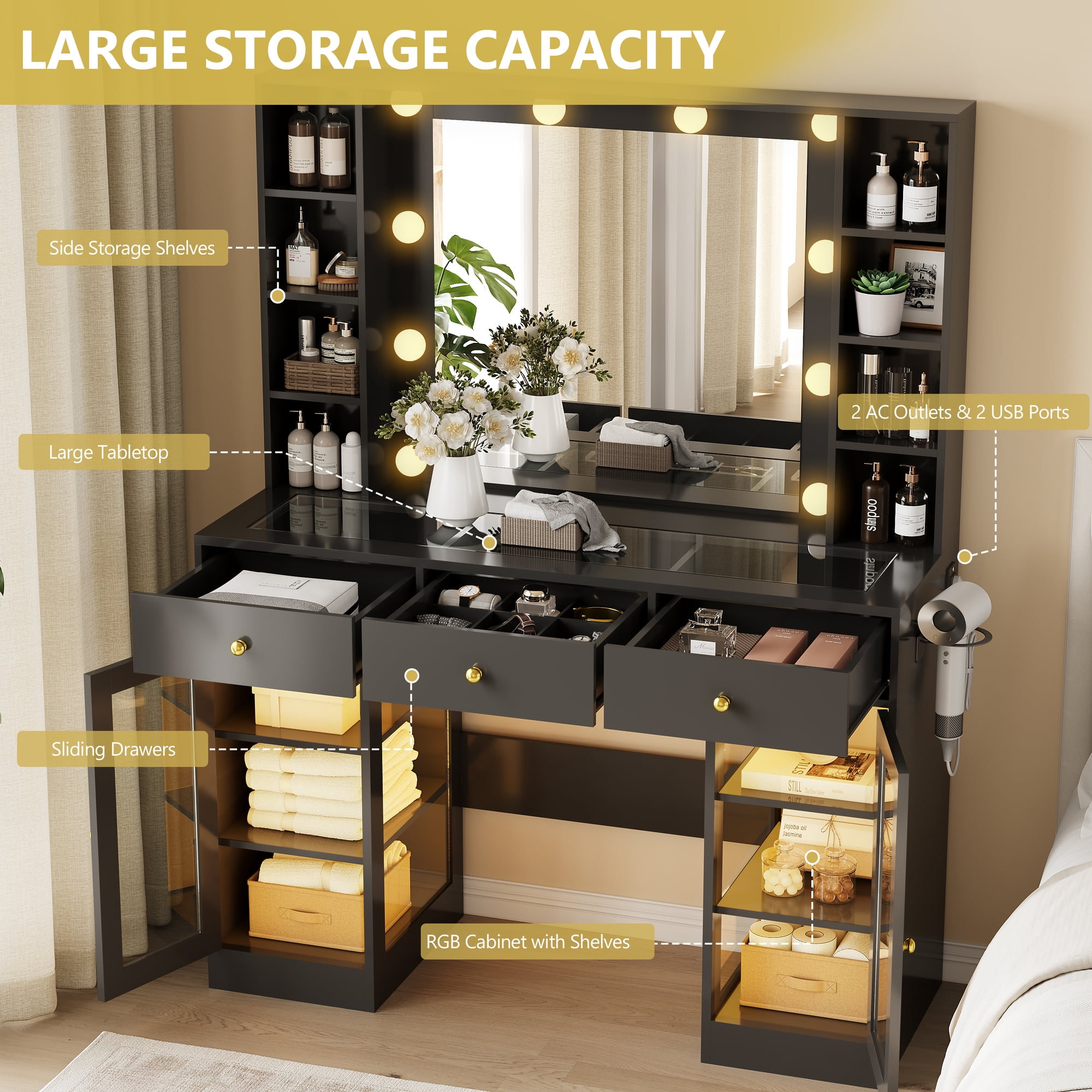 Vanity Desk with Mirror and Lights, Glass Top Vanity with Lighted Mirror & RGB Glass Cabinet and 3 Drawers, Makeup Vanity Desk with Lights Dressing Table for Bedroom, 3 Color Modes