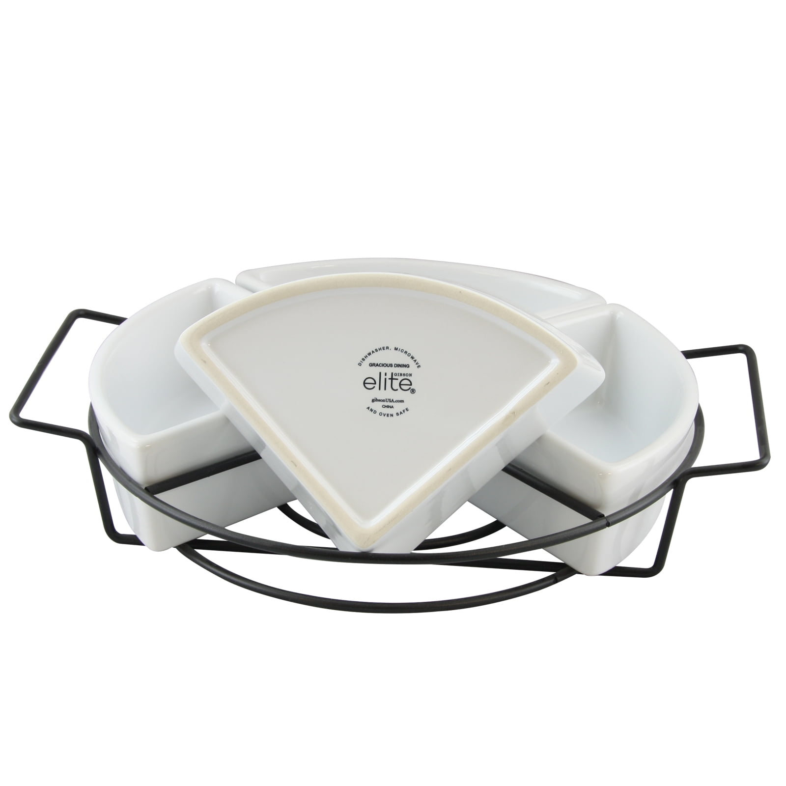 GB Gracious Fine Ceramic Dining Four Section Tray Set with Metal Rack in White