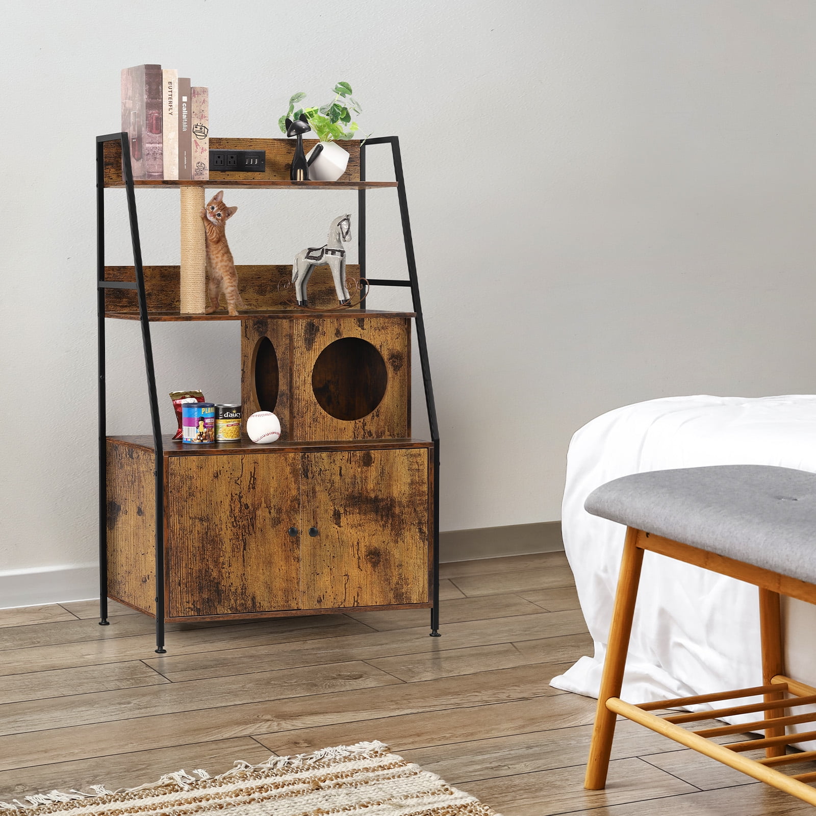Nightstand Hidden Litter Box Side Table with Charging Post Brown