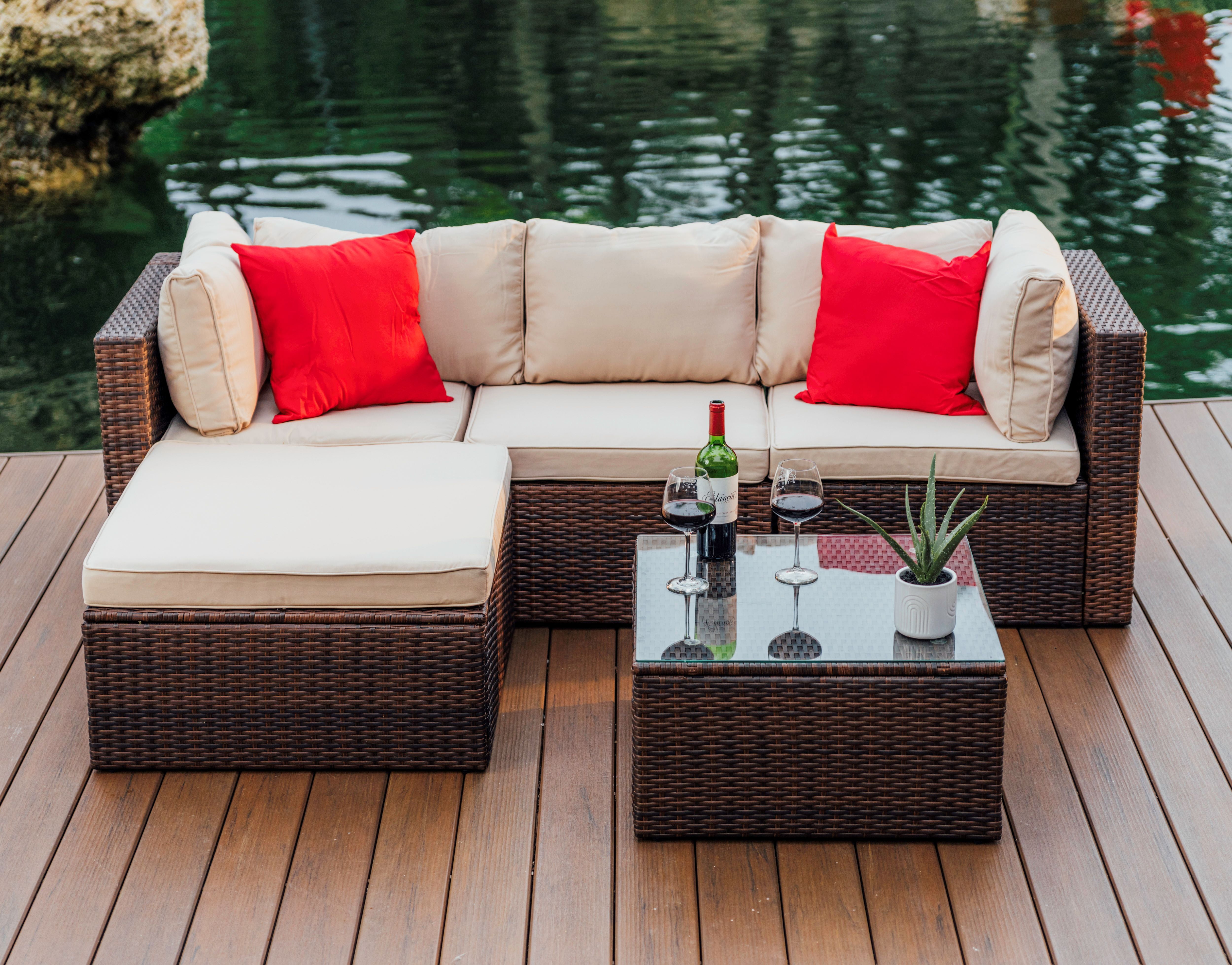 Hearth & Harbor 5-Piece Outdoor Furniture Sets, Wicker Sectional Patio Set, Brown/Beige