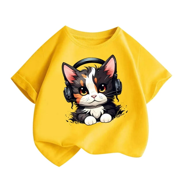 T-Shirt Graphique à Manches Courtes pour Enfants, Mélange Doux de Polyester-Spandex, Col Rond, Imprimé Chat Mignon, Tenue Décontractée pour Garçons et Filles, Âges 2-14
