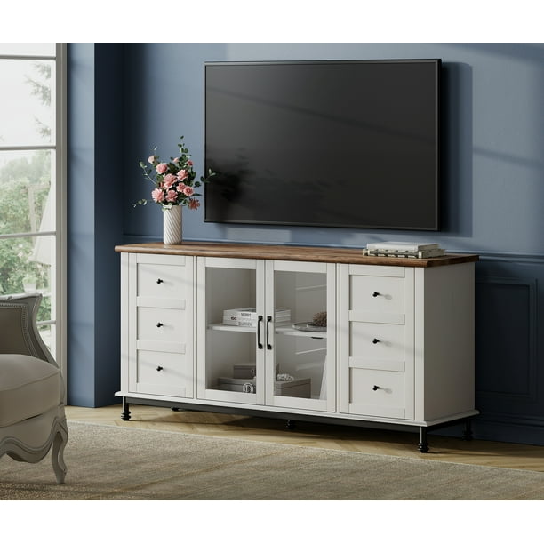 Farmhouse White Glass&Wood Television Stand for 75 inch TV