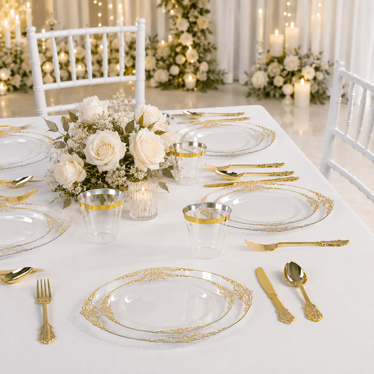 Goodluck Gold Rim Disposable Dinnerware Set, 350-Piece photo 5