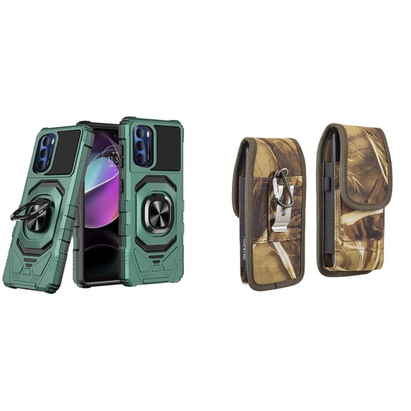 Case with Belt Holster Bundle for Moto G Stylus 5G 2022: Heavy Duty Shield Cover (Midnight Green) and Vertical Rugged Nylon Phone Pouch (Camo)