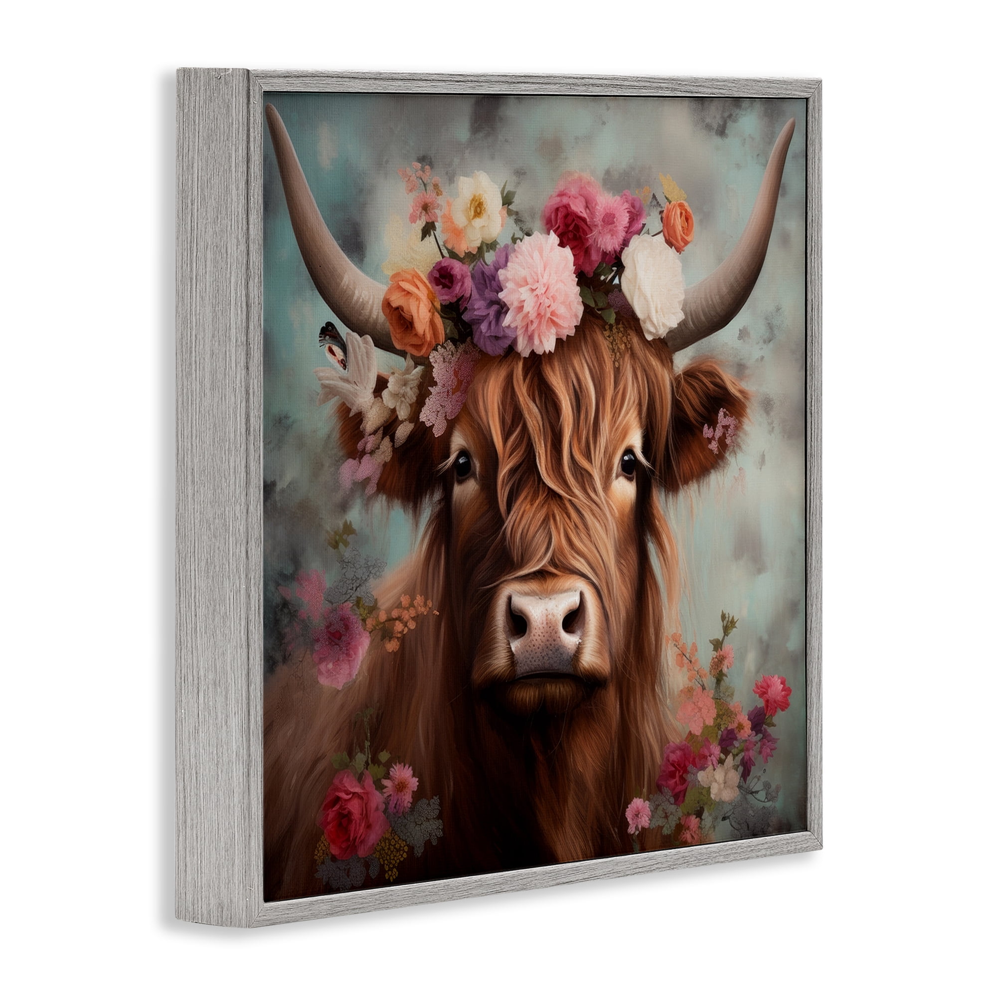 Stupell Industries Detailed Floral Highland Cow Animals Painting Gray Framed Art Print Wall Art, 17 x 17