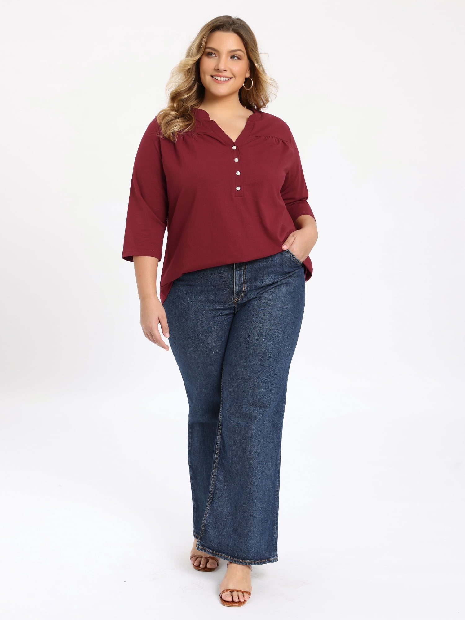 DARING DIVA Women's Plus Pleated Button Front Shirts 3/4 Sleeve Blouses 3X Burgundy