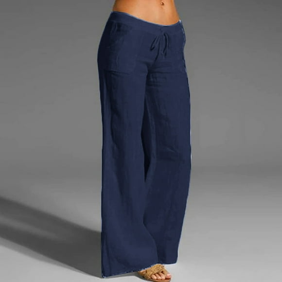 CEHVOM Women's Cotton Linen Solid Long Pants High Waist Drawstring Loose Casual