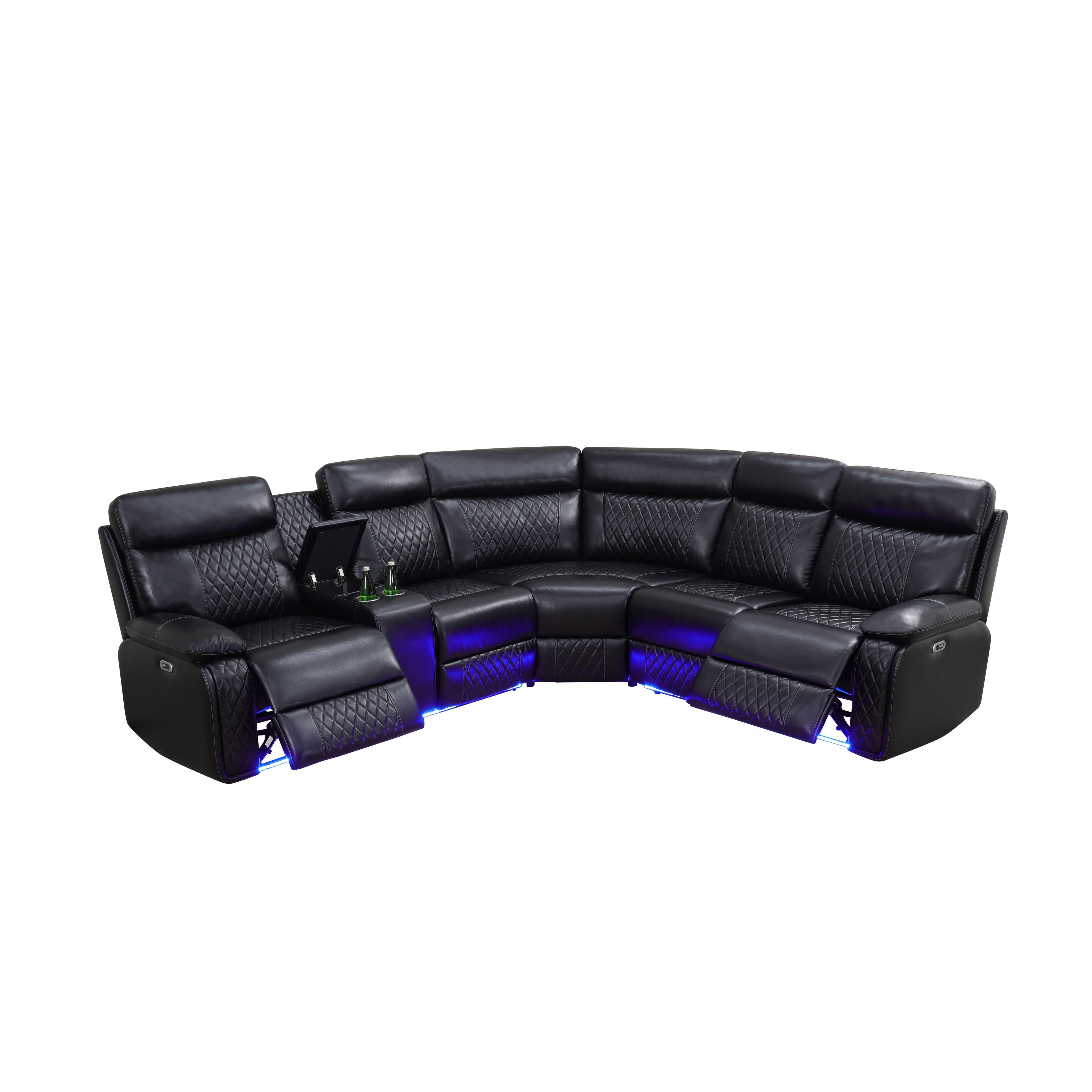 MAYEERTY 5-Seater Recliner Sectional Sofa Set, Semi PU Leather Reclining Couch with LED Lights, USB Charging, Cup Holders & Storage for Living Room, Home Theater
