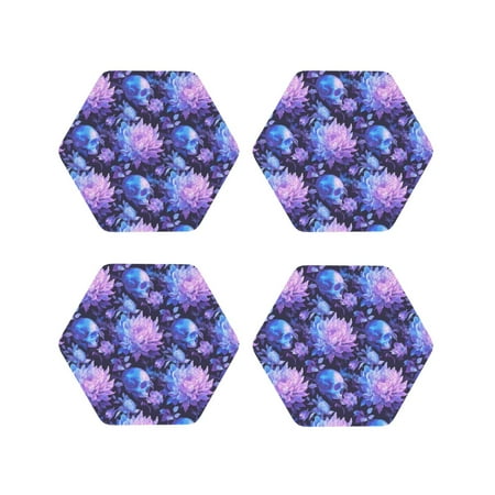 

Fuzoiu White Skull Flower Print Leather Coasters Set Drink Coasters Set of 4 for Tabletop Protection Durable PVC Coasters Home Décor and Housewarming Gift-Hexagon