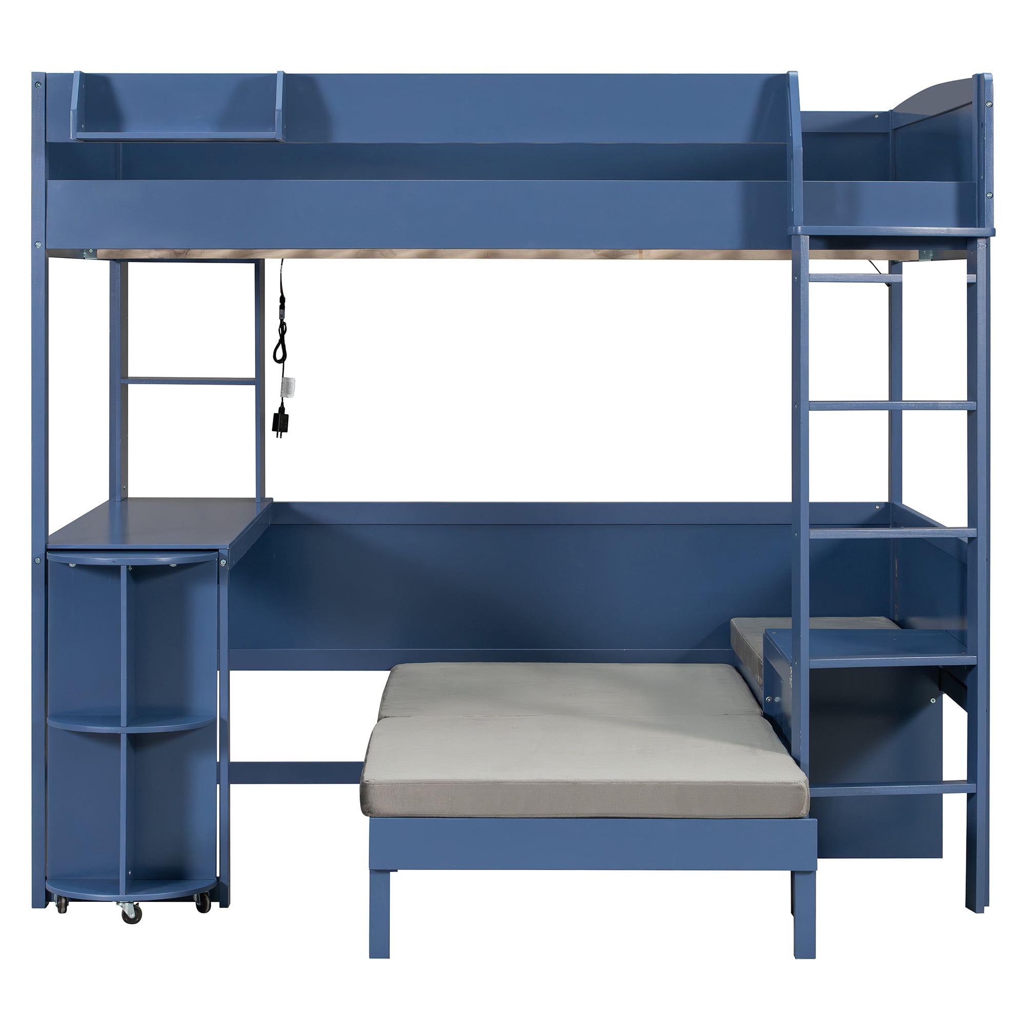 Mintazer Full Size Loft Bed with Desk, LED Light, Bedside Storage Shelf & Sofa Bed Space Saving for Apartment, Bedroom, Navy Blue