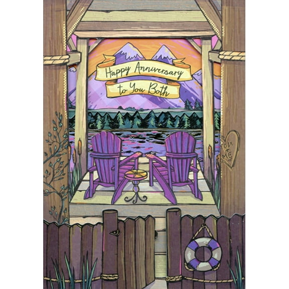 Designer Greetings Purple Adirondack Chairs, Trees and Mountain with 3D Tip On Fence Tri Fold Wedding Anniversary Congratulations Card to Both: Couple
