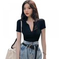 thumbnail image 2 of Women's Tops Short Sleeve V-Neck Turn-down Collar Casual Shirts Blouse Tee T-Shirt, 2 of 5
