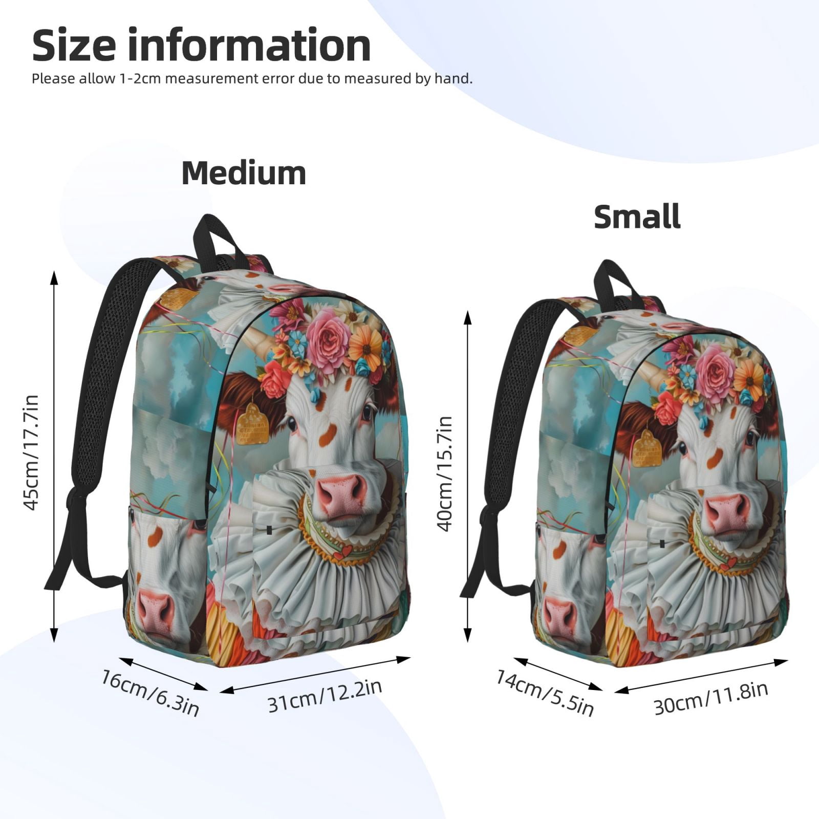 Picia Vintage Colorful Floral Cow Printed Canvas Daypack - Stylish and Durable Vintage Compact Backpack - Class, Work, Travel, or Laptop Bookbag,Organized Compartments-Medium