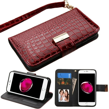Iphone 6 Cases Crocodile Leather Insten Flip Leather Wallet Crocodile Skin Case with Lanyard & Photo Display For Apple iPhone 7 Plus - Burgundy ()