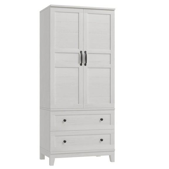72" Armoire Wardrobe with 2 Drawers & Hanging Rod, Wooden Closet Cabinet with 18 Adjustable Shelves, Rustic White Storage Organizer for Bedroom, Clothing, Shoes