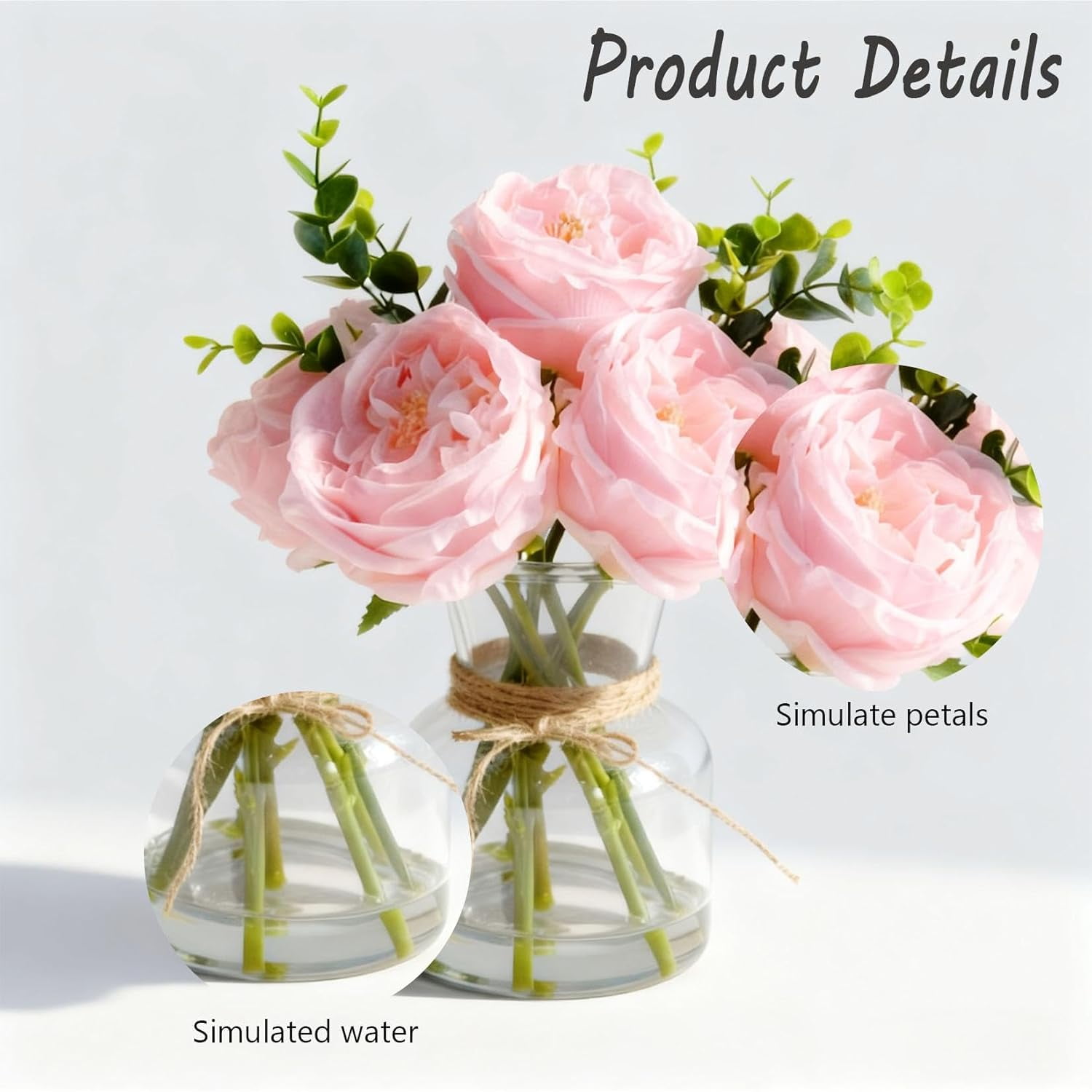 Artificial Pink Roses in Vase, Lifelike Faux Flowers Arrangement with Artificial Water, 13×10 Fake Flowers in Vase for Dining Table Centerpiece, Home & Restaurant Decor