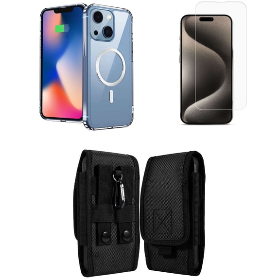 Bemz Phone Case for iphone 14 with Magnetic Charging Slim Shock Absorbent Silicone Cover, Screen Protector, Vertical Rugged Nylon Secure Belt Holster Clip Pouch (Clear)