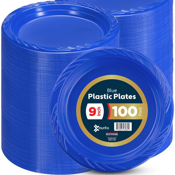 Munfix 100 Blue Plastic Plates Set - 9 Inch Disposable Dinner Plates Bulk Pack, for Party, BBQ, Picnic, Parties, Travel and Events, Microwa