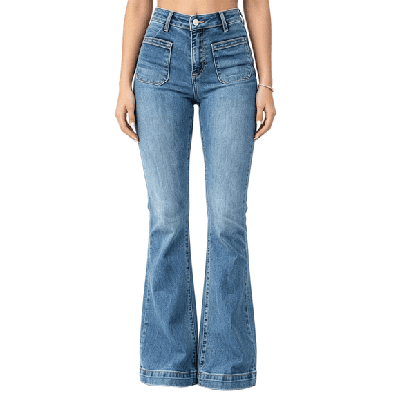 Women's High Waisted Flare Denim Jeans, Medium Blue Washed, with Front Patch Pockets and Wide Cuffed Hem, Bootcut Long Pants