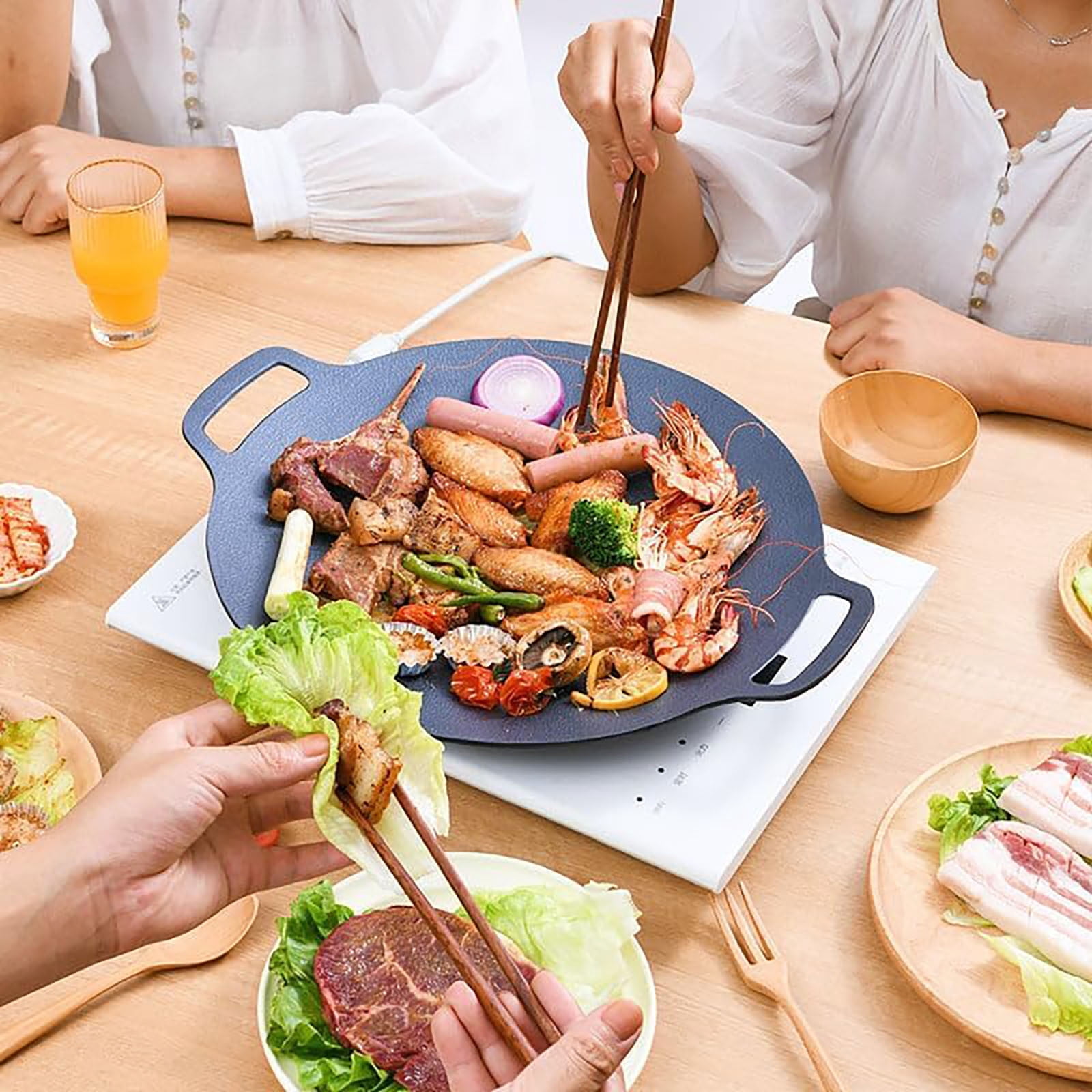 Dark Grey Extra Large BBQ Pan, 15 Inch Non Stick Korean Grill Griddle, 1 Count, Round Stovetop Tray For Holiday Party, Indoor Outdoor Roasting Plate, Camping Group Meal Gear, Steak Fryer