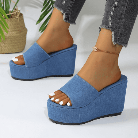 

DONGGTG Stylish Women‘s Denim Wedge Sandals with Fashionable Peep Toe Platform Heels - Perfect All-match Going Out Slide Sandals