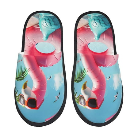 Balery Tropical Flamingo Pool Float Slient Indoor Furry Fleece Comfort House Shoes Soft Non-Slip Home Shoes Cotton slippers House Slippers-- Medium