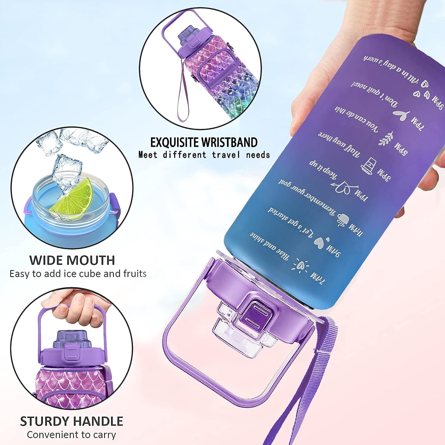 Half Gallon Water Bottle with Sleeve Water Bottle 64 Oz Water Bottle with Time Marker, 1/2 Gallon Water Bottles Half Gallon Water Bottle with Straw and Gym Yoga 1/2 Gallon Water Jug for Women Mermaid