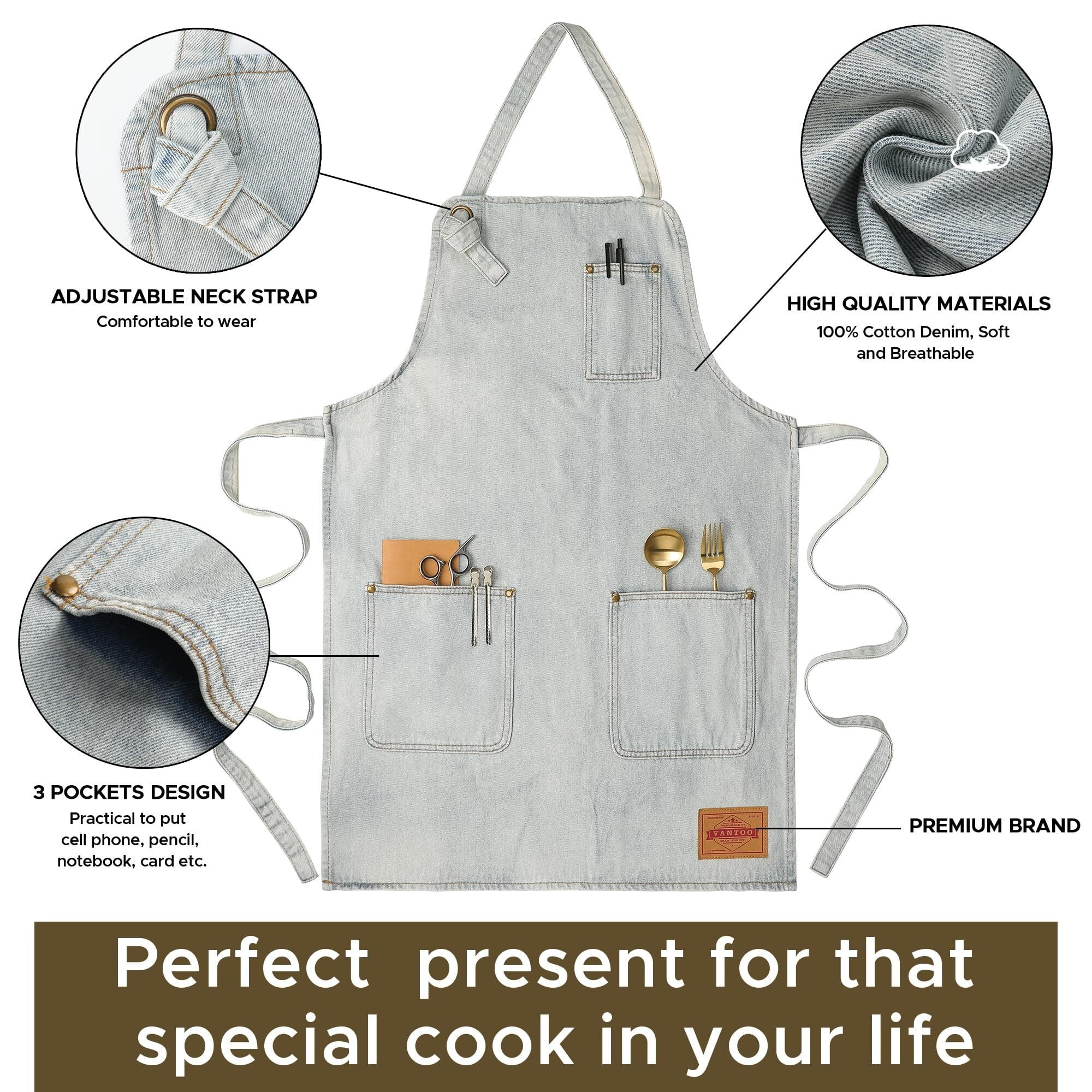 Denim Chef Apron For Women With Pockets, Jean Waitress Server Kitchen Apron For Men Women Cooking Gardening Painting Hairstylist