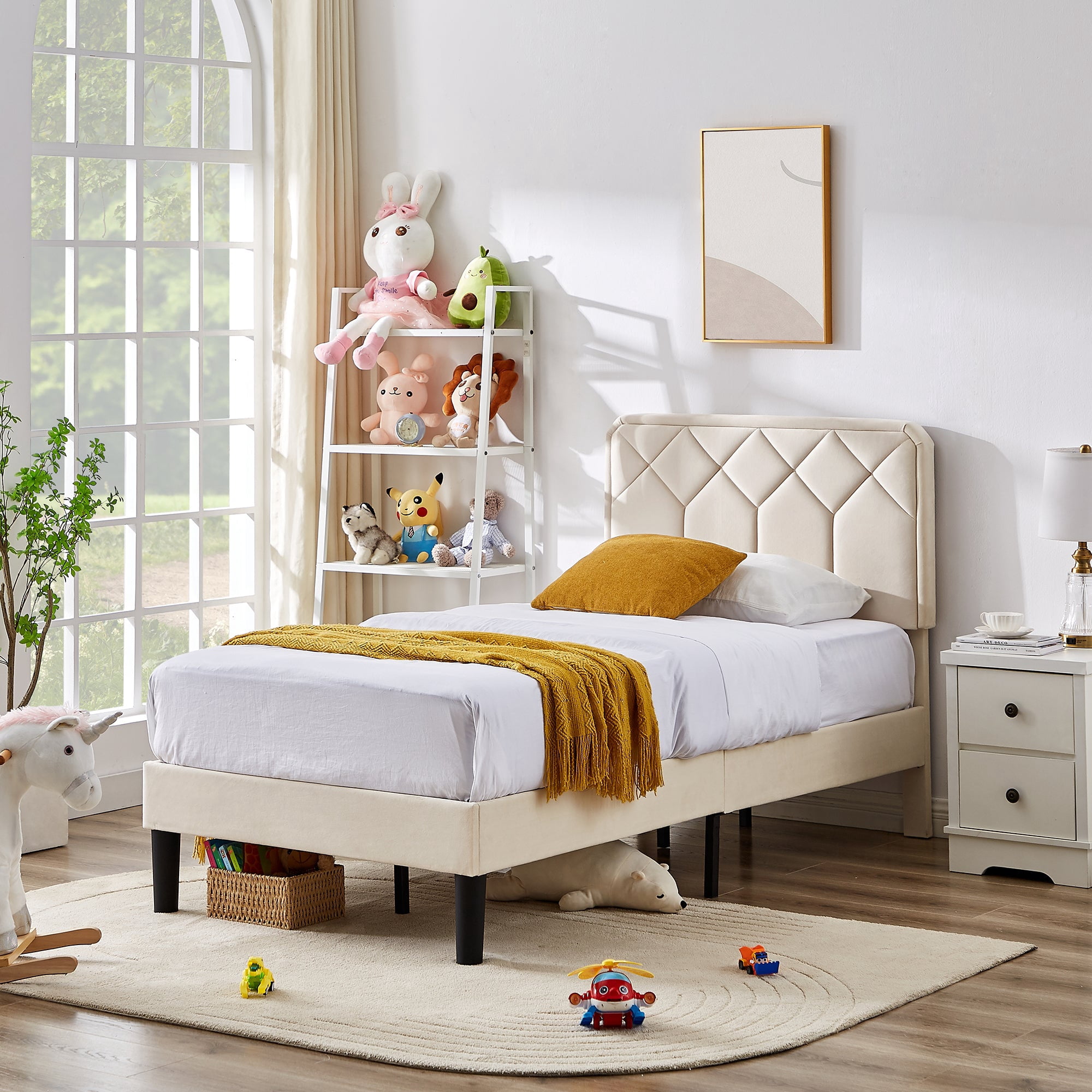Taomika, Twin Size Tufted Nailhead Upholstered Platform Bed Frame with Adjustable Headboard-Beige